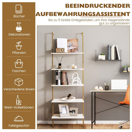 Étagère murale échelle à 5 niveaux avec cadre en acier 60 x 30 x 180 cm blanc et or
