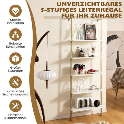 Étagère murale échelle à 5 niveaux avec cadre en acier 60 x 30 x 180 cm blanc et or