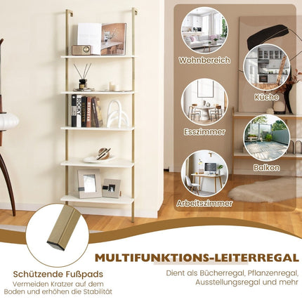 Étagère murale échelle à 5 niveaux avec cadre en acier 60 x 30 x 180 cm blanc et or