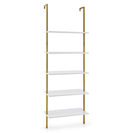 Étagère murale échelle à 5 niveaux avec cadre en acier 60 x 30 x 180 cm blanc et or