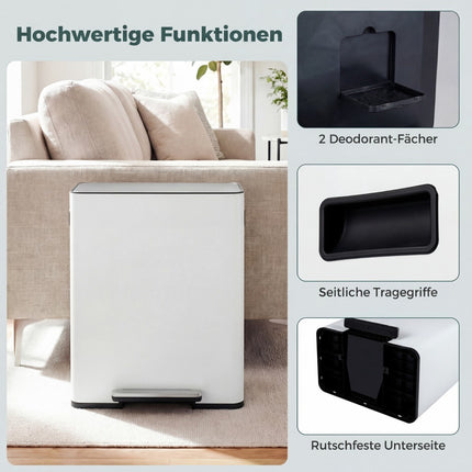 60L Edelstahl Küchenmülleimer mit Pedal & zwei Fächern