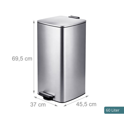60L Stainless Steel Pedal Bin – Soft-Close, Silver