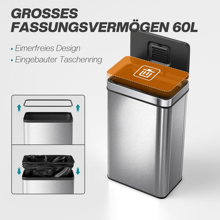Nerezový senzorový odpadkový koš 60L, automatické víko