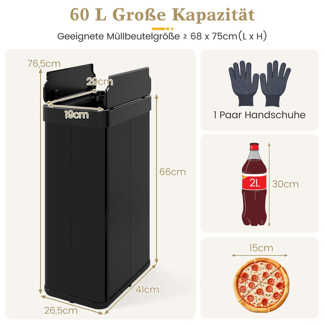 60L Berührungsloser Sensor-Mülleimer, Edelstahl, Schwarz