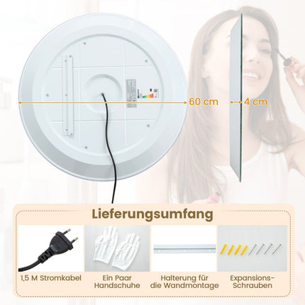 Ø 60 cm LED bathroom mirror with 3-color lights & touch switch cosmetic mirror