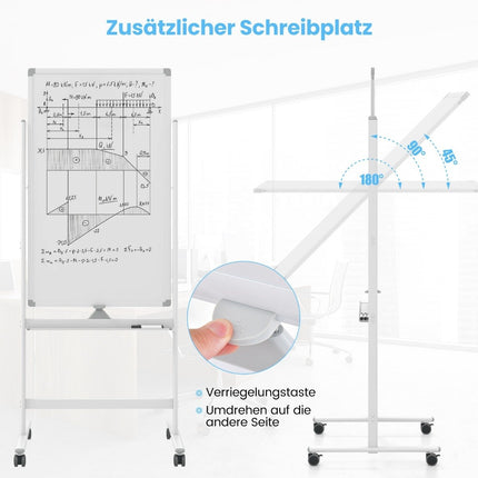 Doppelseitiges magnetisches Whiteboard mit Rollen, Ständer und Stiftablage, 60 x 100 cm, Weiß