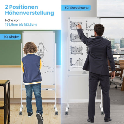 Doppelseitiges magnetisches Whiteboard mit Rollen, Ständer und Stiftablage, 60 x 100 cm, Weiß