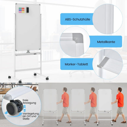 Doppelseitiges magnetisches Whiteboard mit Rollen, Ständer und Stiftablage, 60 x 100 cm, Weiß