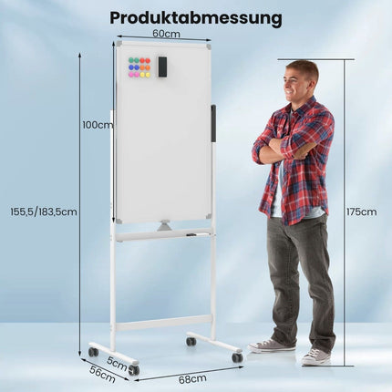 Doppelseitiges magnetisches Whiteboard mit Rollen, Ständer und Stiftablage, 60 x 100 cm, Weiß