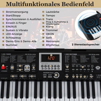 61-Tasten Portable Keyboard mit 200 Rhythmen & Klangfarben