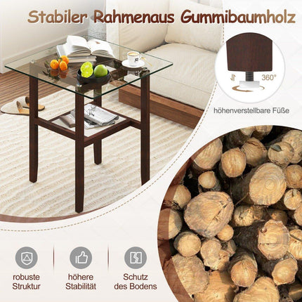 61 cm langer und breiter Glas-Beistelltisch 2-stufiger Glastisch mit Stauraum Braun