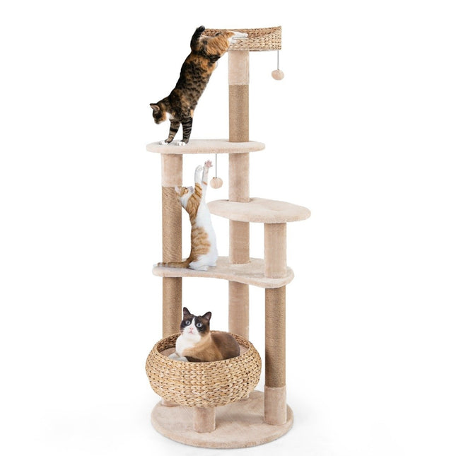64" Kratzbaum mit Sitzstange und Rohrkolbenkorb, Bett, 6-stufiger Kletterbaum, Katzenbaum