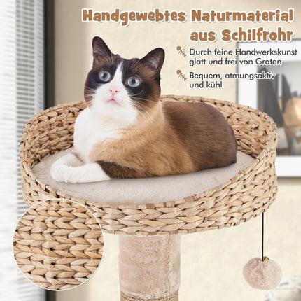 64" Kratzbaum mit Sitzstange und Rohrkolbenkorb, Bett, 6-stufiger Kletterbaum, Katzenbaum