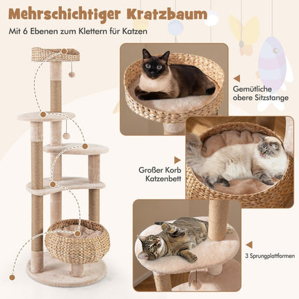 64" Kratzbaum mit Sitzstange und Rohrkolbenkorb, Bett, 6-stufiger Kletterbaum, Katzenbaum