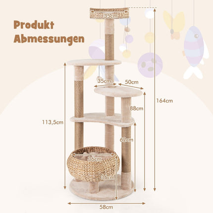 64" Kratzbaum mit Sitzstange und Rohrkolbenkorb, Bett, 6-stufiger Kletterbaum, Katzenbaum