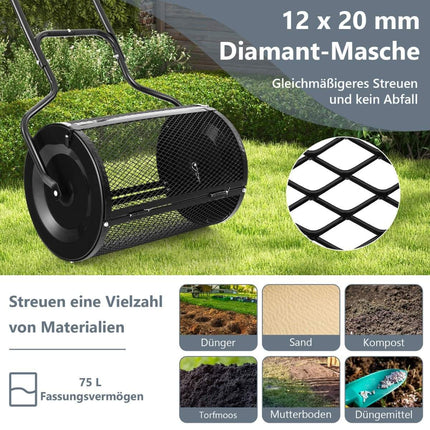 68 cm breiter Kompoststreuer mit verbesserten Seitenstangen und U-förmigem Griff, Schwarz