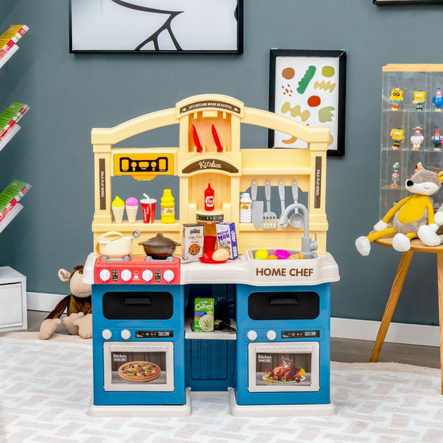 69-teilige Kinderküche inkl. Zubehör, Spielküche mit Licht, Dampf, Musik und Sound, blau