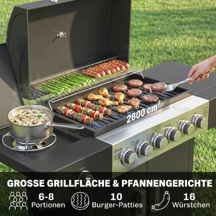 Gasgrill aus Edelstahl mit 6 Brennern und Seitenbrenner