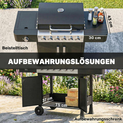 Gasgrill aus Edelstahl mit 6 Brennern und Seitenbrenner