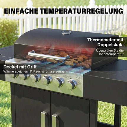 Gasgrill aus Edelstahl mit 6 Brennern und Seitenbrenner