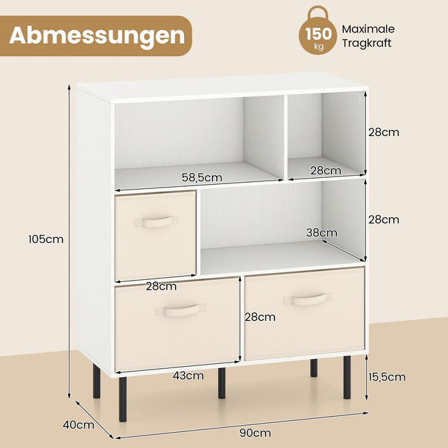 6-Cube Bookshelf with 3 Removable Fabric Drawers, White