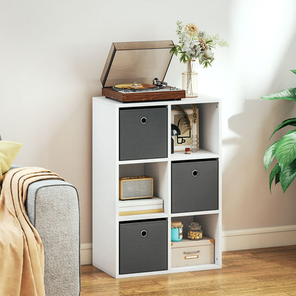 Úložný regál se 6 přihrádkami a 3 látkovými boxy, šedá