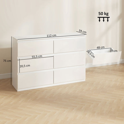 6-Schubladen-Kommode, weiße Kommode 112 x 34 x 75 cm