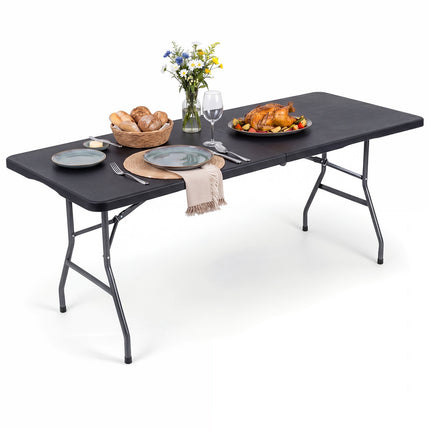 6 FT Foldable Camping Table, Black HDPE, Metal Legs