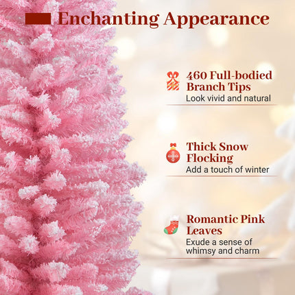 6 Ft Pink Flocked Pencil Christmas Tree, 460 Tips, Metal Stand