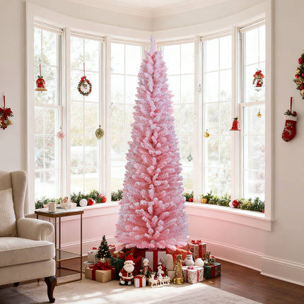 6 Ft Pink Flocked Pencil Christmas Tree, 460 Tips, Metal Stand