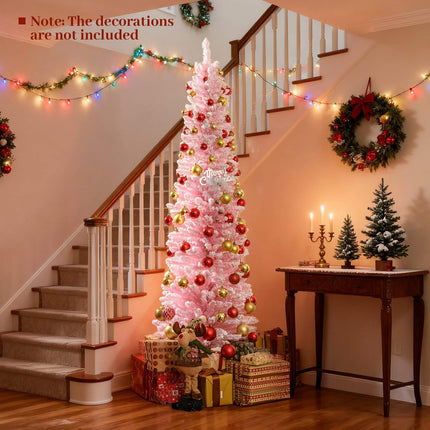 6 Ft Pink Flocked Pencil Christmas Tree, 460 Tips, Metal Stand