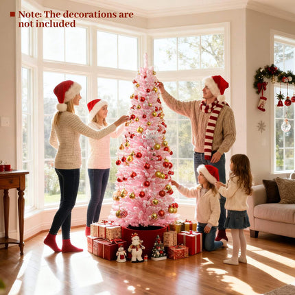 6 Ft Pink Flocked Pencil Christmas Tree, 460 Tips, Metal Stand