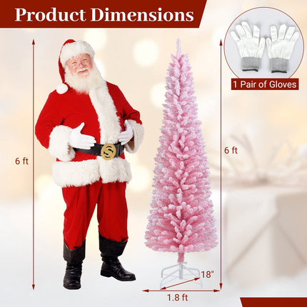 6 Ft Pink Flocked Pencil Christmas Tree, 460 Tips, Metal Stand