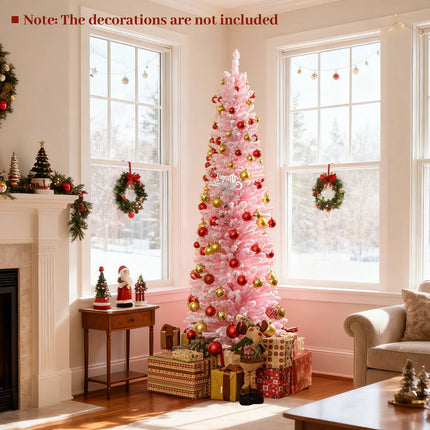 6 Ft Pink Flocked Pencil Christmas Tree, 460 Tips, Metal Stand