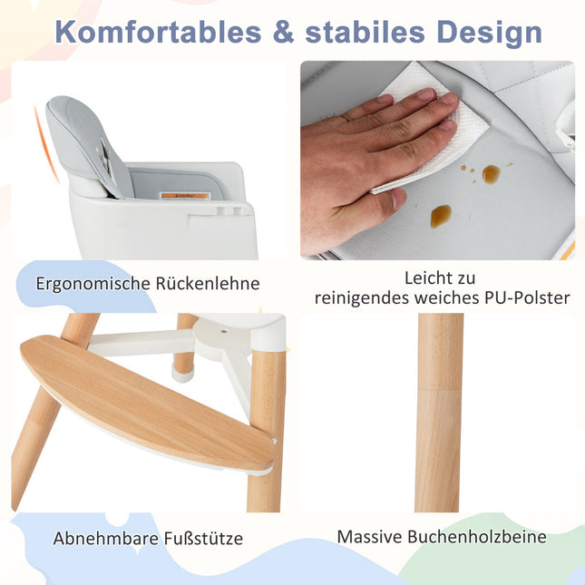 6-in-1 Hochstuhl, umbaubar, verstellbare Beine, Grau