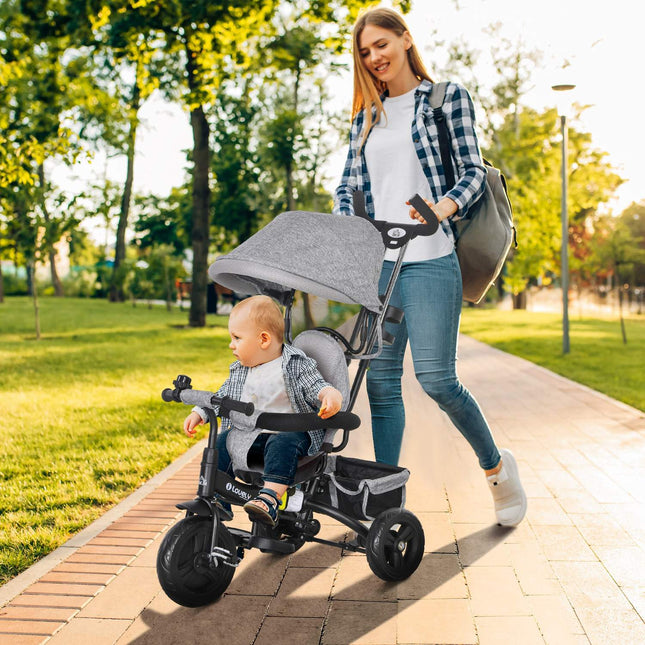 6-in-1-Dreirad für Kinder, Sonnenschutz und Sicherheitsgurt, Grau