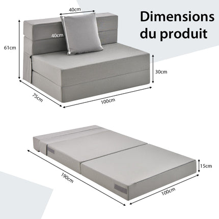 6-Inch Tri-Fold Sofa Bed Mattress with Pillow, Light Gray