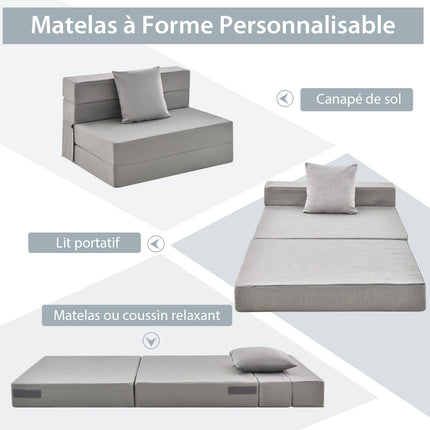 6-Inch Tri-Fold Sofa Bed Mattress with Pillow, Light Gray