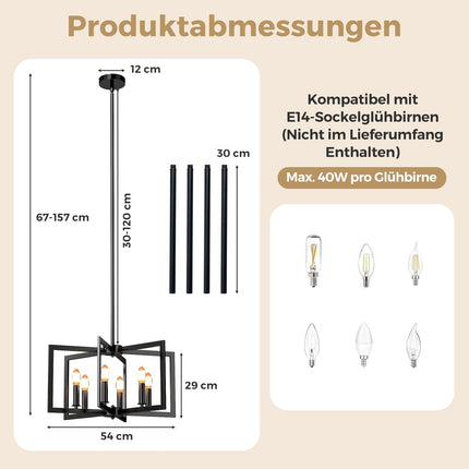 6-flammiger Industrie-Kronleuchter, höhenverstellbar, Schwarz