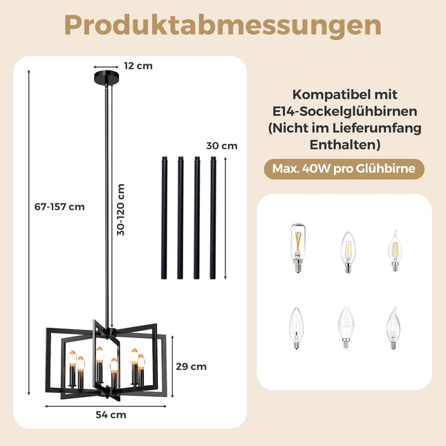 6-flammiger Industrie-Kronleuchter, höhenverstellbar, Schwarz