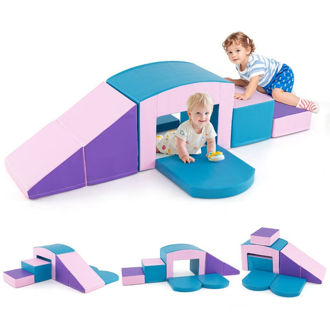 6 Stk. Schaumstoffbausteine Weichbausteine mit Tunneltreppe &amp; Rampe Blau + Lila
