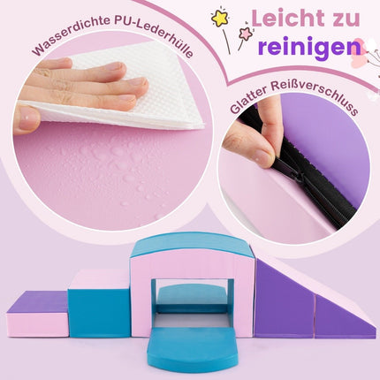 Pěnové kostky 6 ks, měkké kostky s tunelem, schody a rampa, modrá + fialová
