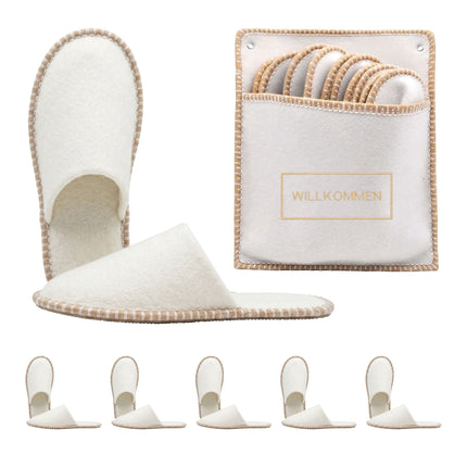 6 Pairs Beige Felt Guest Slippers with Storage Bag