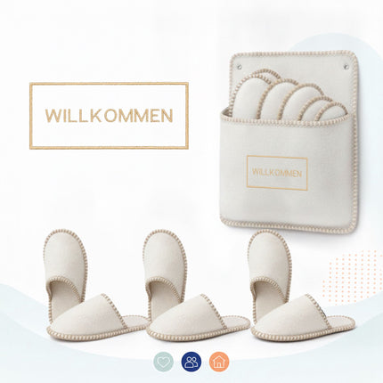 6 Pairs Beige Felt Guest Slippers with Storage Bag