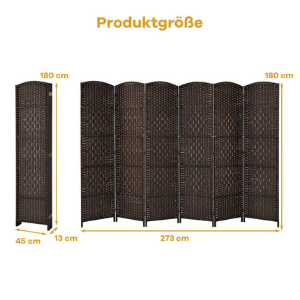 6-Panel Brown Room Divider, Paper & Poplar Wood Frame
