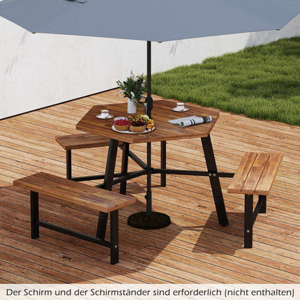 Picknicktisch-Set aus Akazienholz für 6 Personen mit Schirmloch
