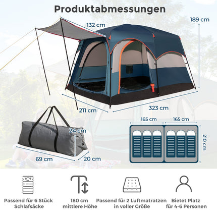 6-Personen-Zelt mit Trennwand und Regenschutz, Blau