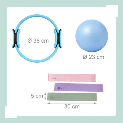 6-Piece Pilates Set with Ring, Ball, Bands – Blue