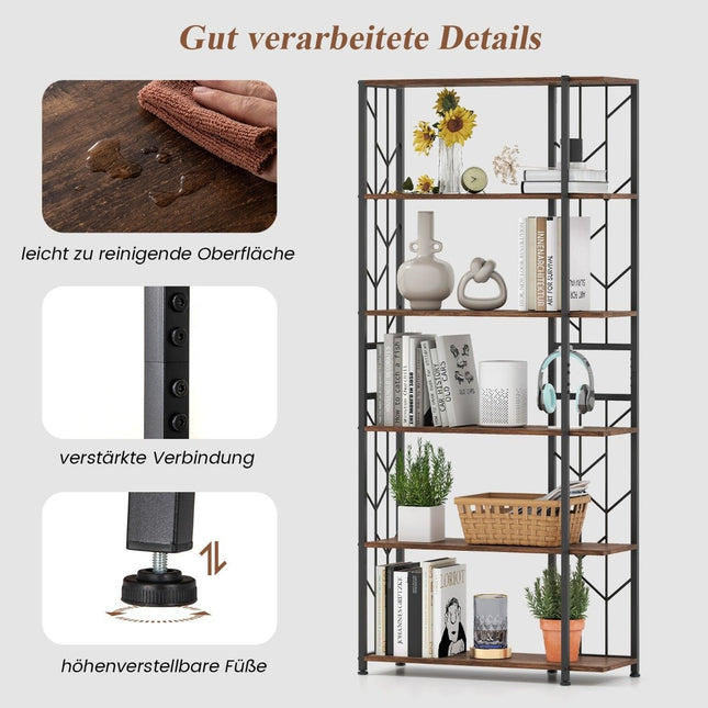 6-Tier Bookshelf with Metal Frame, 80 x 31 x 180 cm, Brown