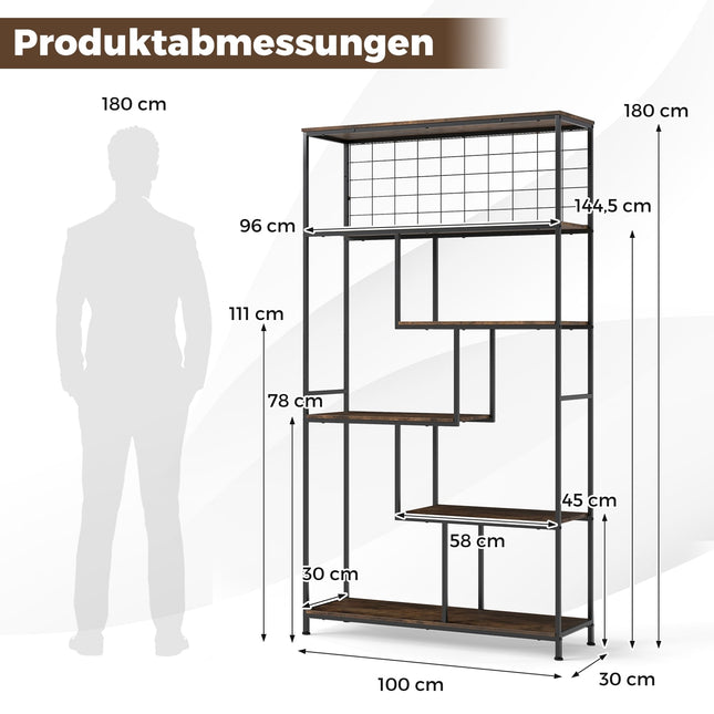 6-stöckiges Standregal mit Metallgitter, Rustikales Braun